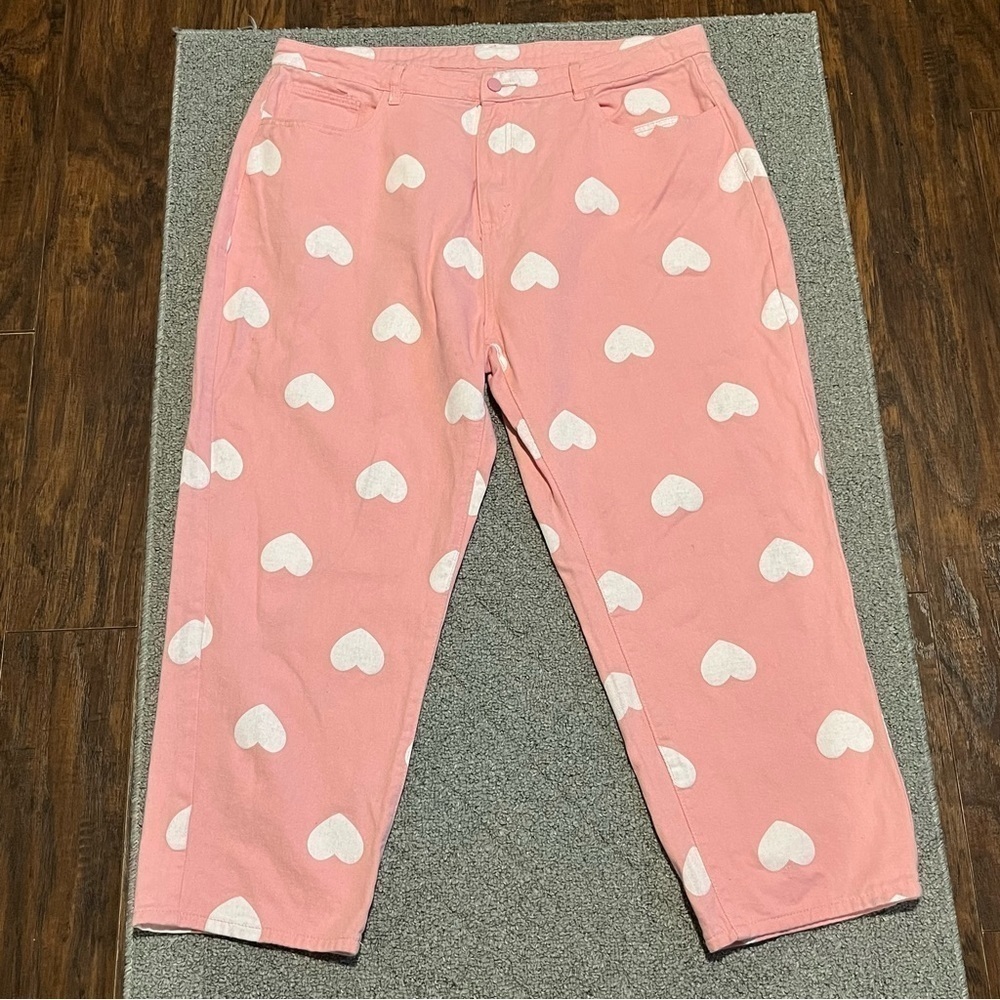 Shein Jeans Womens 4XL Pink High Waisted Hearts Denim Cotton Straight Leg